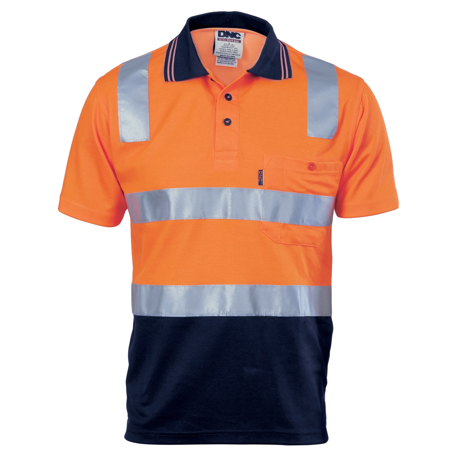 DNC 3817 Two Tone Hi Visibility Short Sleeve Polo Shirt - Cotton/Polyester - Reflective Tape - Orange/Navy