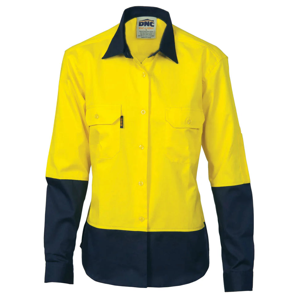 DNC 3940 Ladies Hi-Visibility Long Sleeve Shirt - Cool-Breeze - Cotton - Yellow/Navy