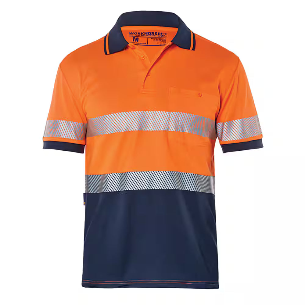 Workhorse MSH068 Men's Two-Tone High Visibility Short Sleeve Polo - Cotton Back - Orange/Navy
