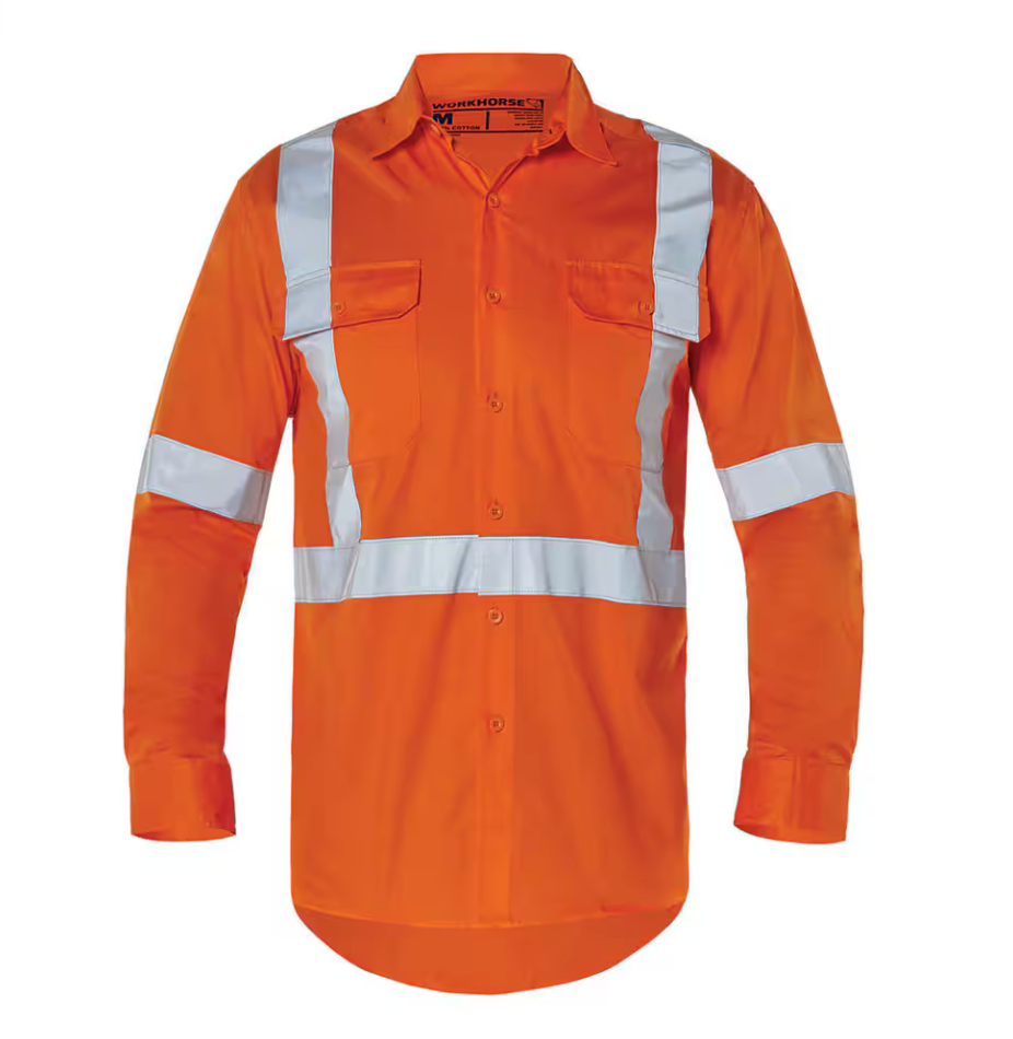 Workhorse MSH140 Men's High Visibility Long Sleeve Vented Shirt - X-Back - Cotton - Orange