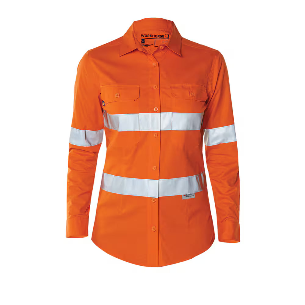 Workhorse WSH070 Womens High Visibility Long Sleeve Vented Shirt - Cotton Ripstop - Orange
